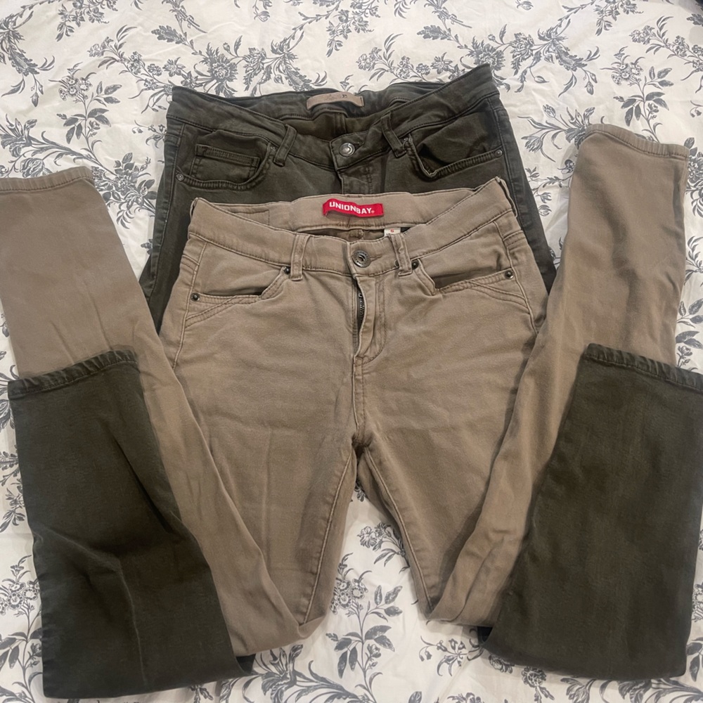 2 jeans green and light brown $5 each